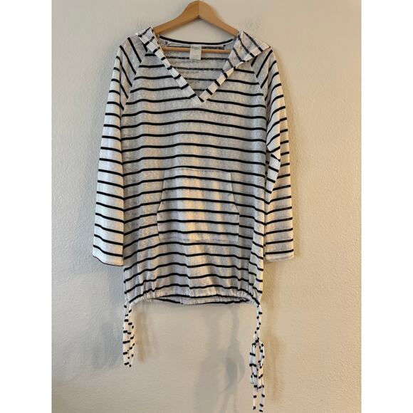 Kona Sol Stripe Swim Cover Up Hoodie Size S White Raglan Kangaroo Pocket Tie Hem - Picture 2 of 8